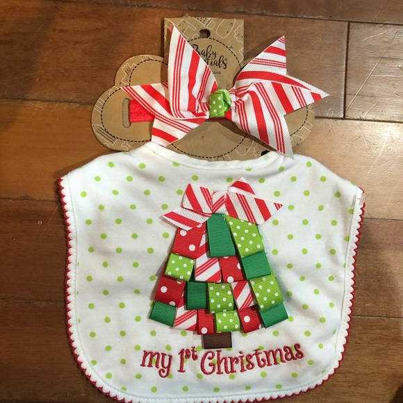 Baby Essentials 2-Piece First Christmas Tree Bib and Headband Bow Set - Picture 1 of 2